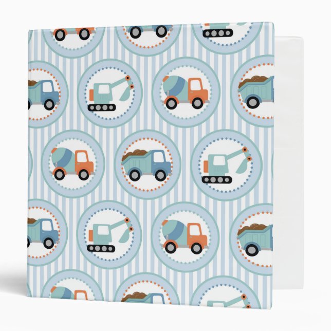 Construction Trucks - Cute Blue White Binder (Front/Inside)