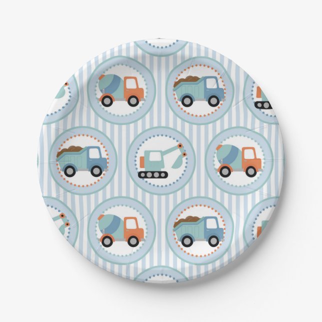 Construction Trucks - Cute Blue White Paper Plate (Front)