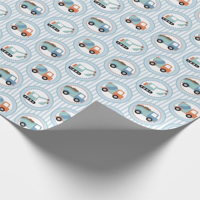 Construction Trucks - Cute Blue White Wrapping Paper (Corner)