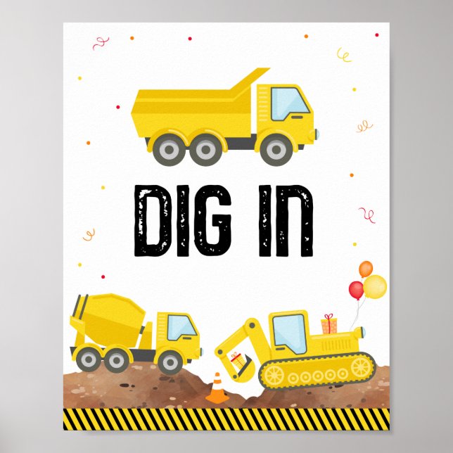 Construction Trucks Dig In Birthday Party Sign (Front)