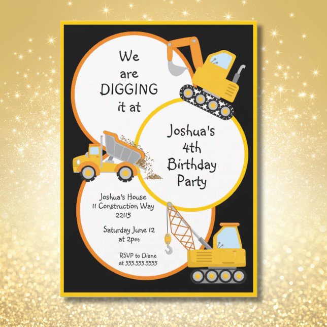 Construction Trucks Digging It Birthday Party Invitation (Construction Trucks Digging It Birthday Party Invitation)
