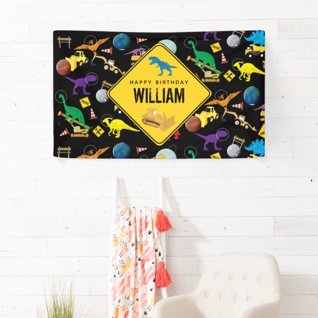Construction Trucks Dinosaurs in Space Birthday Banner (Insitu)