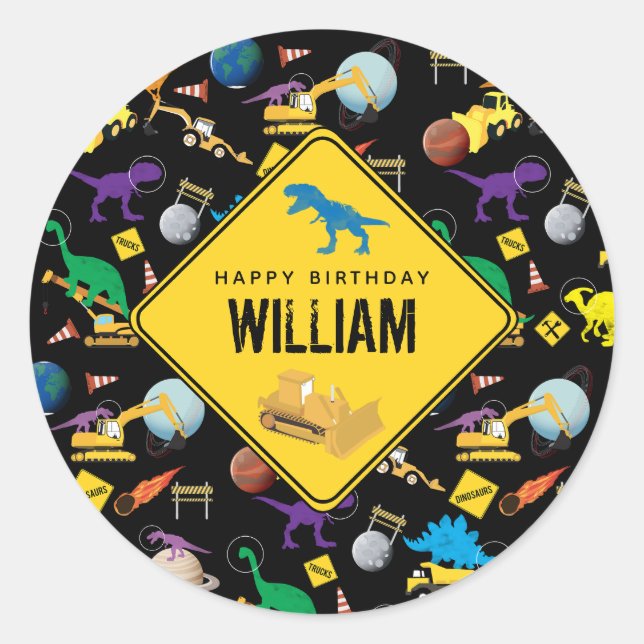 Construction Trucks Dinosaurs in Space Birthday  Classic Round Sticker (Front)