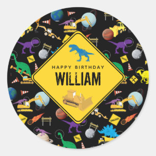 Construction Trucks Dinosaurs in Space Birthday Classic Round Sticker