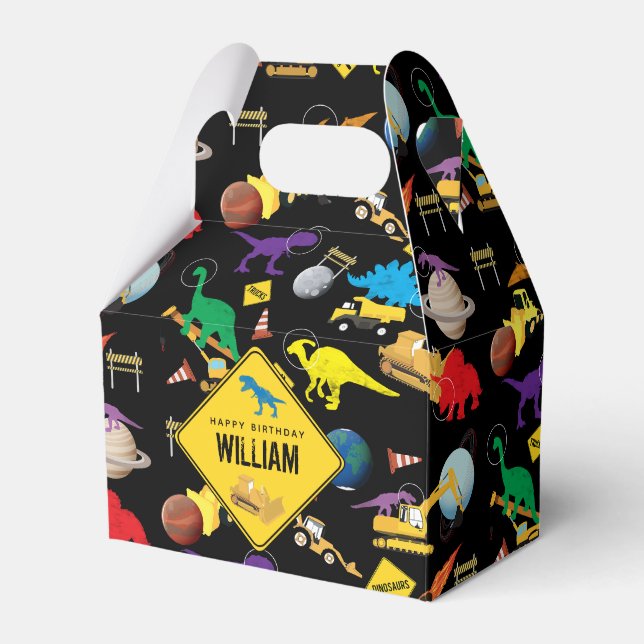 Construction Trucks Dinosaurs in Space Birthday Favor Box (Front Side)