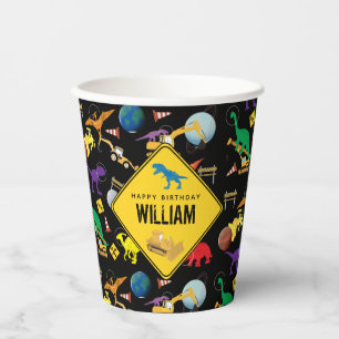 Construction Trucks Dinosaurs in Space Birthday Paper Cups