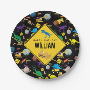 Construction Trucks Dinosaurs in Space Birthday Paper Plate