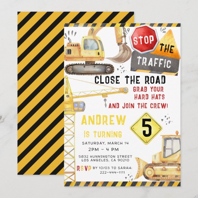 Construction Trucks Excavator Bulldozer  Birthday Invitation (Front/Back)