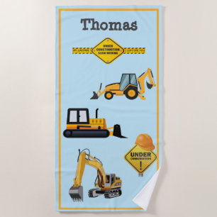 Construction Trucks Hard Hat Backhoe Bulldozer Beach Towel