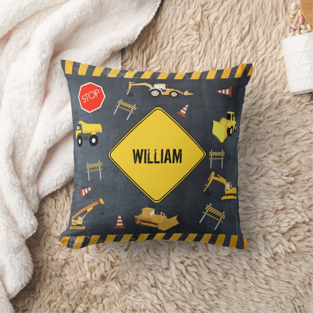 Construction Trucks Heavy Machinery Boy Name  Throw Pillow (Blanket)