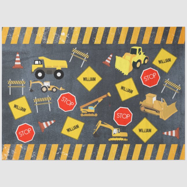 Construction Trucks Heavy Machinery Boy Name  Tissue Paper (Front)