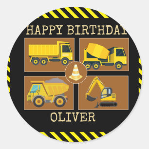 Construction Trucks Kids Birthday Party Square S Classic Round Sticker