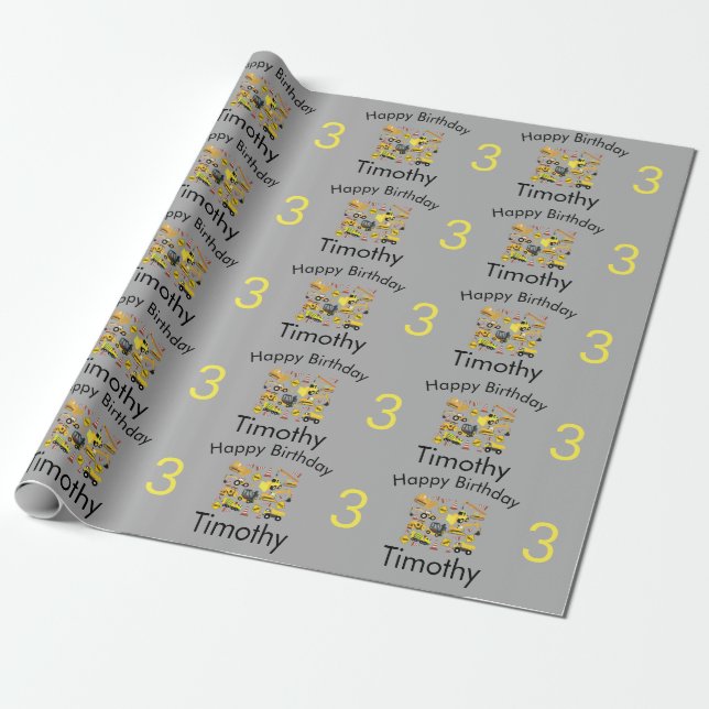 Construction Trucks Pattern Birthday Name & Age Wrapping Paper (Unrolled)