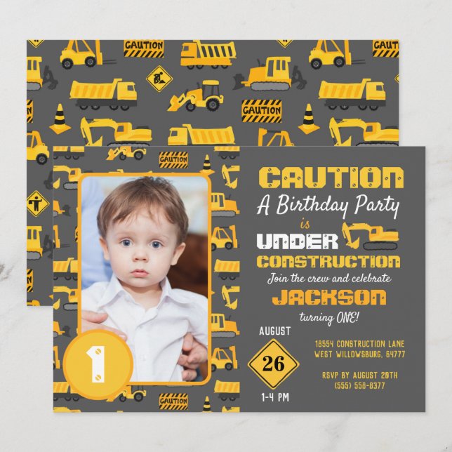Construction Trucks Pattern Birthday Photo Grey Invitation (Front/Back)