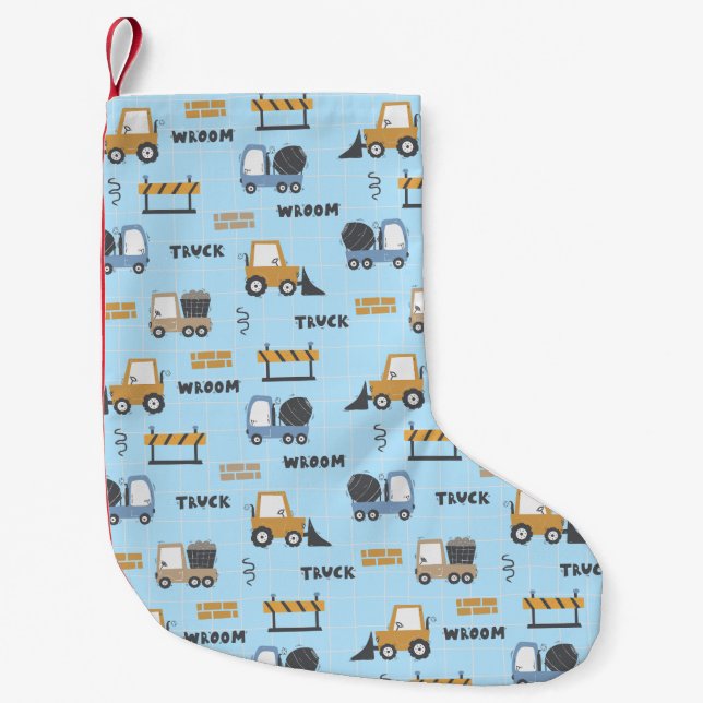 Construction Trucks Pattern Blue Small Christmas Stocking (Front)