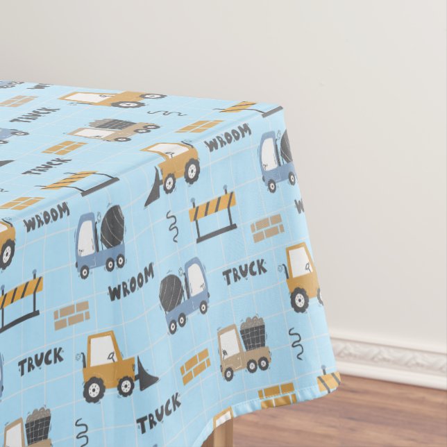Construction Trucks Pattern Blue Tablecloth (In Situ)