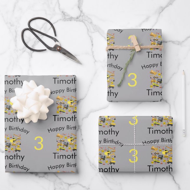 Construction Trucks Pattern Boy's Name & Age  Wrapping Paper Sheet (Front)
