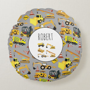 Construction Trucks Pattern Customized Name Round Pillow