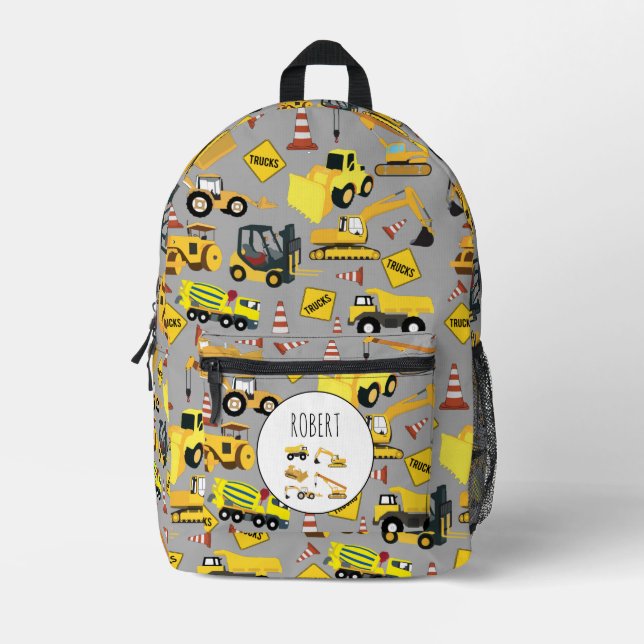 Construction Trucks Pattern Customized Name School Printed Backpack (Front)