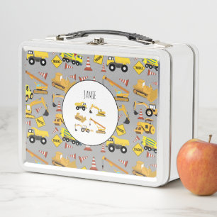 Construction Trucks Pattern Kids Personalized Metal Lunch Box