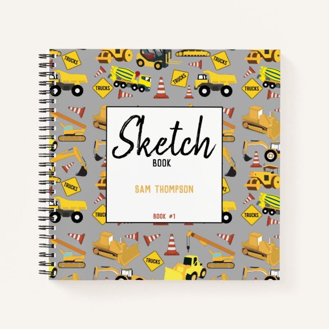 Construction Trucks Pattern Kids Sketchbook Notebook (Front)