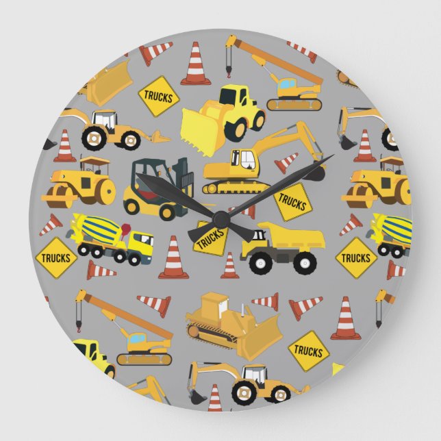 Construction Trucks Pattern Large Clock (Front)
