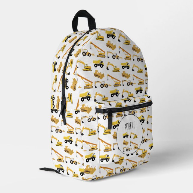 Construction Trucks Personalized Name Boys Printed Backpack (Back Corner Left)