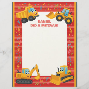Construction Trucks Red Custom Name Mitzvah Note Letterhead