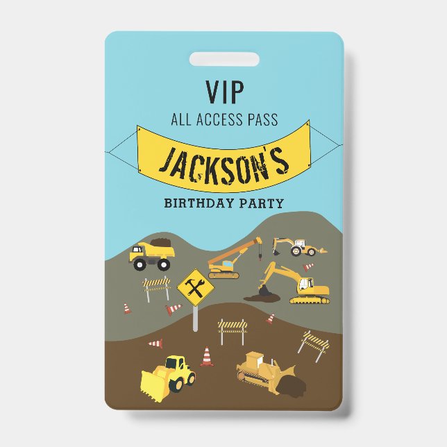 Construction Trucks Site Theme Birthday Party Badge (Front)