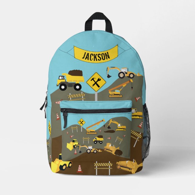 Construction Trucks Site Theme Custom Name Printed Backpack (Front)