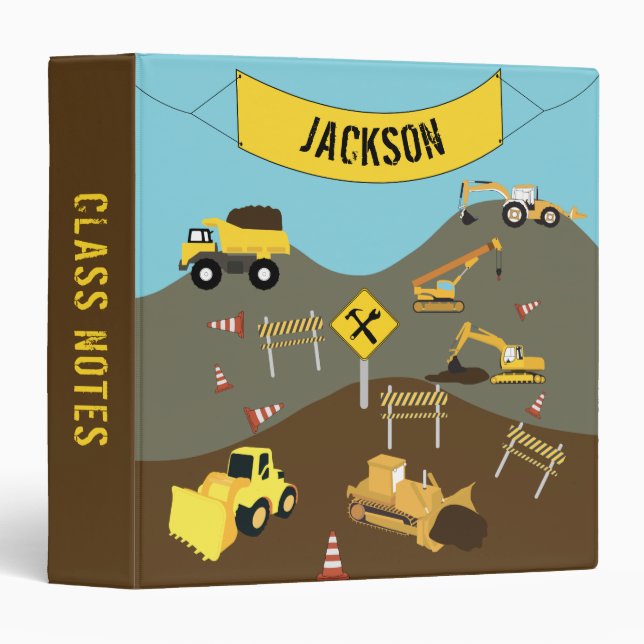 Construction Trucks Site Theme School Personalized Binder (Front/Spine)