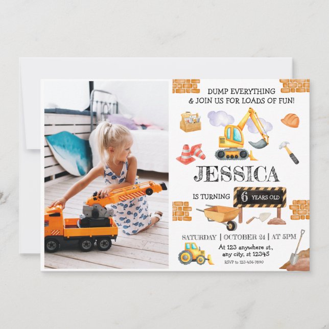 Construction Trucks Theme Birthday Invitation (Front)