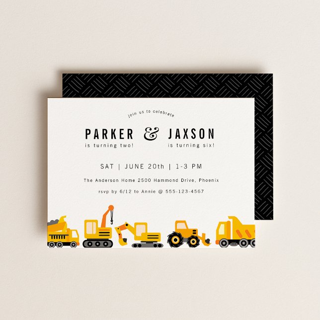 Construction Trucks Theme Joint Birthday Invitation (Creator Uploaded)