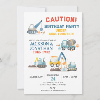 Construction Trucks, Twin Boys Birthday Party Invitation