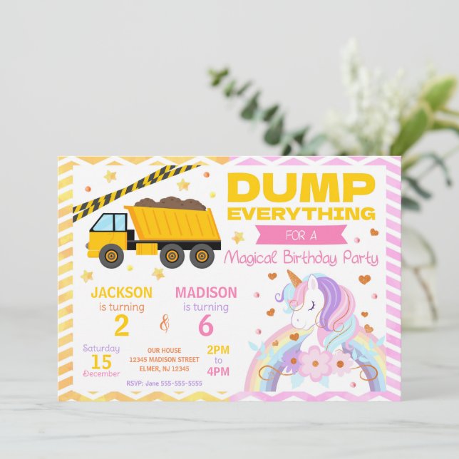 Construction & Unicorn Joint Birthday Invitation (Debout devant)