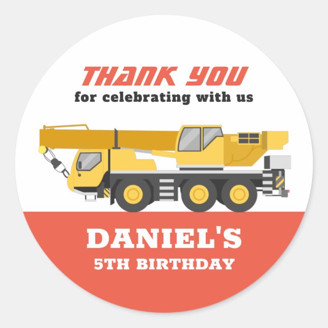 Construction Vehicle Crane Boys Birthday Party Classic Round Sticker (Front)