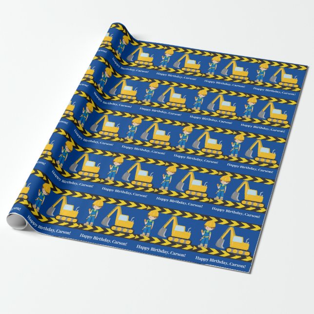 Construction Vehicle Custom Boys Blue Birthday Wrapping Paper (Unrolled)