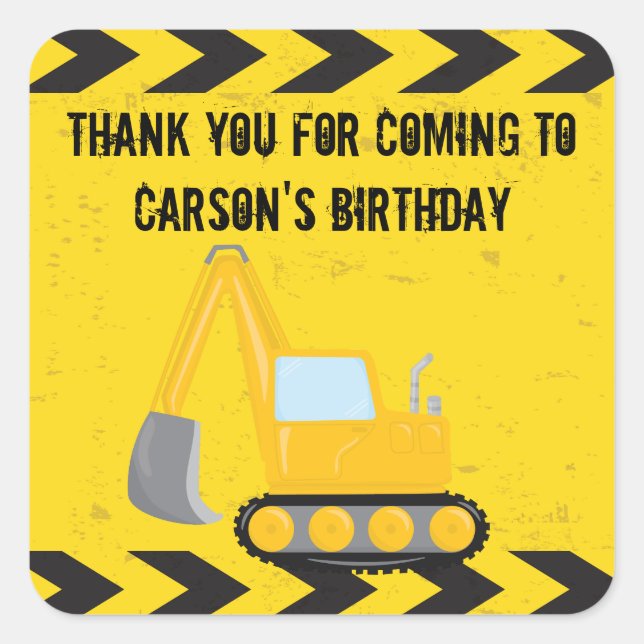 Construction Vehicle Custom Kids Birthday Party Square Sticker (Front)