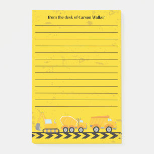 Construction Vehicle Custom Kids Yellow Lined Post-it Notes