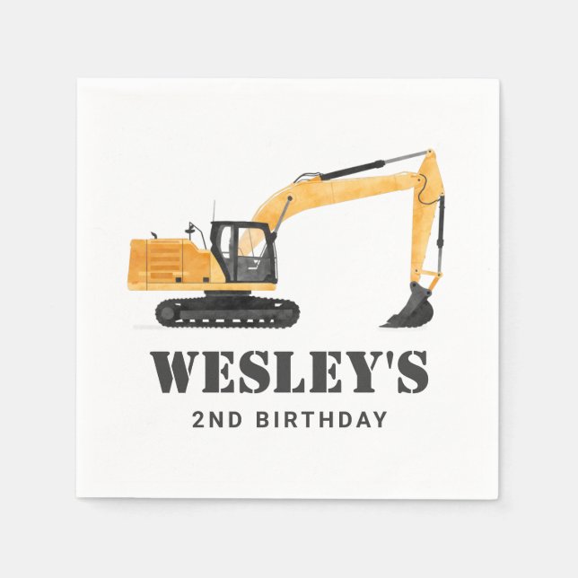 Construction Vehicle Excavator Birthday Party Napkin (Front)