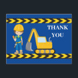 Construction Vehicle Excavator Boys Blue Thank You Postcard<br><div class="desc">Cool custom construction excavator Thank You postcard for a child who loves yellow construction vehicles in black and yellow. Fun vehicle design for a little boy who loves cars and trucks. Customize with your kid's name under the black and yellow caution tape.</div>