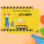 Construction Vehicle Kids Custom Birthday Party Postcard<br><div class="desc">Cool custom construction vehicle birthday party invitation for a child who loves construction vehicles in black and yellow. Fun children's postcard invite for a little boy who loves excavators,  as well as cars and trucks. Customize with your kids party information on the back.</div>