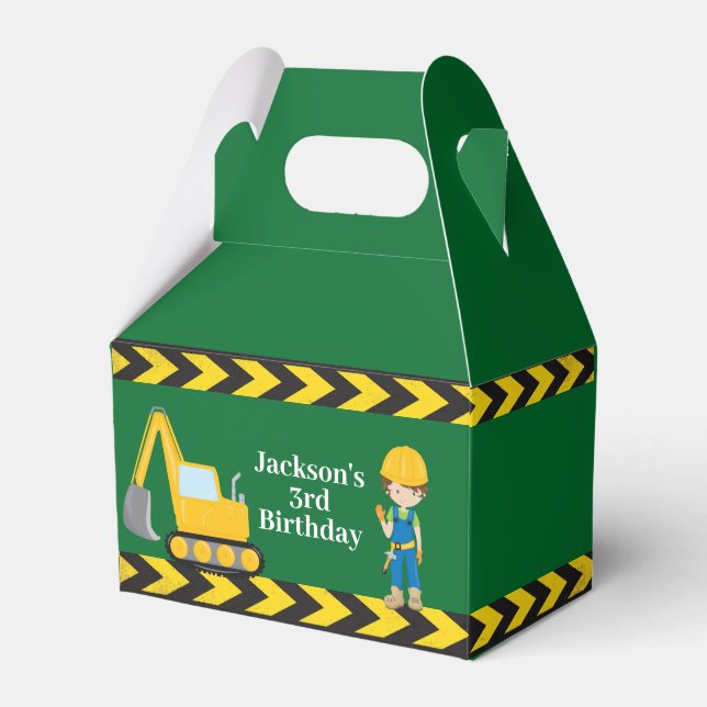 Construction Vehicle Kids Green Birthday Party Favor Box (Front Side)