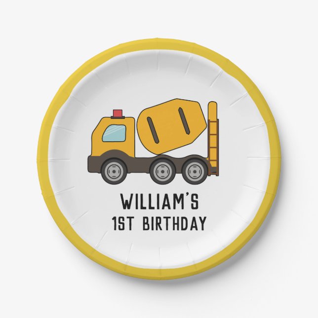Construction Vehicle Mixer Truck Birthday Paper Plate (Front)