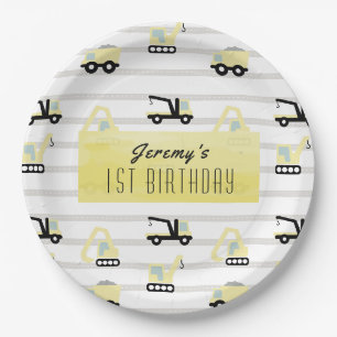 Construction Vehicle Pattern White Birthday Paper Plate