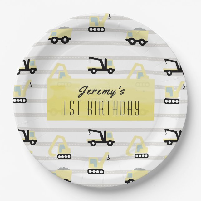 Construction Vehicle Pattern White Birthday Paper Plate (Front)