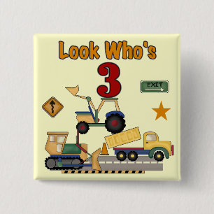 Construction Vehicles 3rd Birthday Tshirts 2 Inch Square Button
