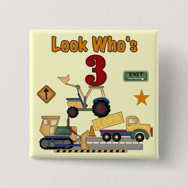 Construction Vehicles 3rd Birthday Tshirts 2 Inch Square Button (Front)