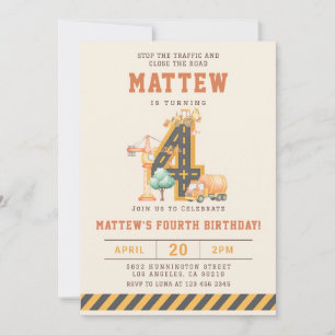 Construction Vehicles 4th Birthday Invitation
