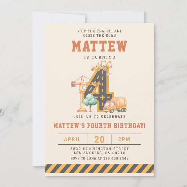 Construction Vehicles 4th Birthday Invitation (Front)